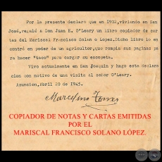 COPIADOR DE NOTAS Y CARTAS EMITIDAS POR EL MARISCAL FRANCISCO SOLANO LPEZ.